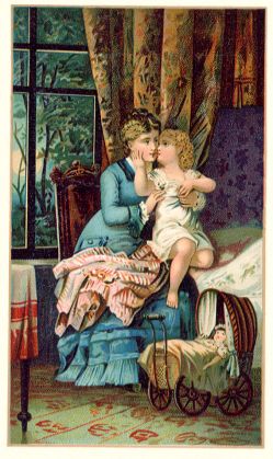 Arbuckle - woman in chair holding girl, doll in buggy