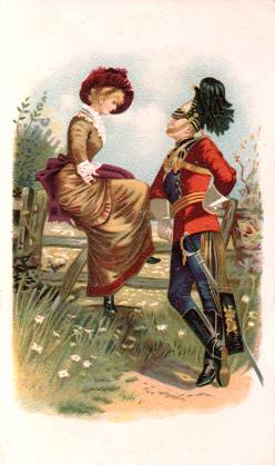 Arbuckle - soldier in plumed helmet w/ sword, lady seated on fence