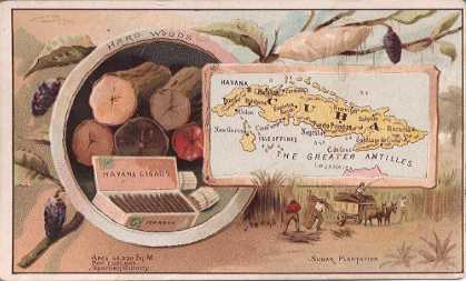 Cuba map - Hard Woods; Havana Cigars; Sugar Plantation