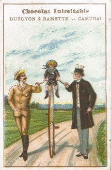 Chocolat Inimitable - high-wheel bicycle trade card