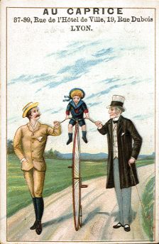 Au Caprice - high-wheel bicycle trade card