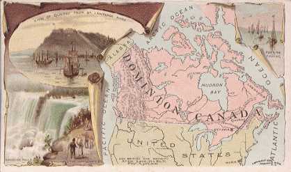 Canada map - View of Quebec from St. Lawrence River; Canadian Falls (The Horseshoe); Herring Fishing